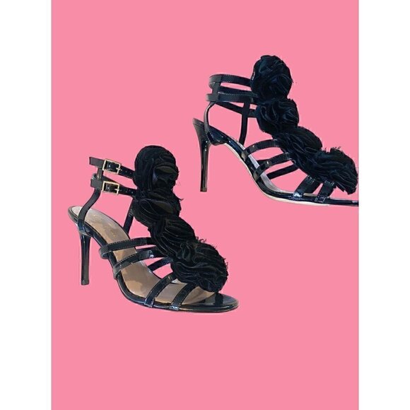 Vintage Kate Spade Black Patent Leather Satin Rose Sandals size 6 Italian Straps - Picture 5 of 10